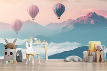 Load image into Gallery viewer, Hot Air Balloon Wall Mural – Pink &amp; Blue Mountain Cloud Nursery Wallpaper – Baby Room Decor, Peel and Stick or Non-Woven