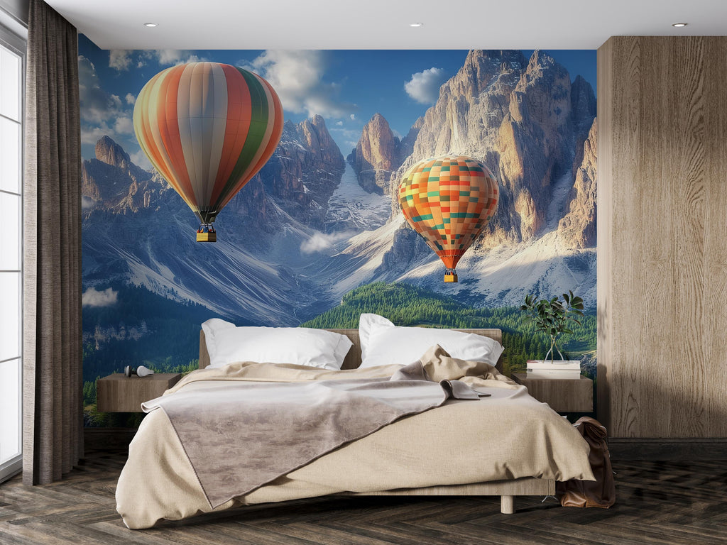 Hot Air Balloon Wall Mural – Realistic Mountain Landscape Wallpaper for Bedroom or Office – Peel & Stick or Non-Woven