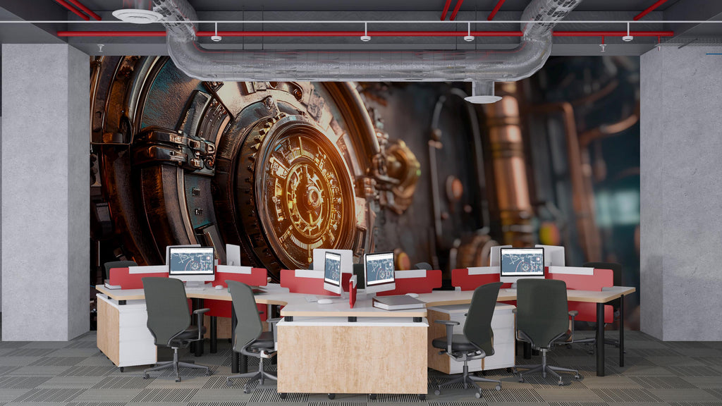 Steampunk Vault Wall Mural – Gear Lock Mechanism Industrial Mural for Office, Game Room or Studio – Peel & Stick or Non-Woven