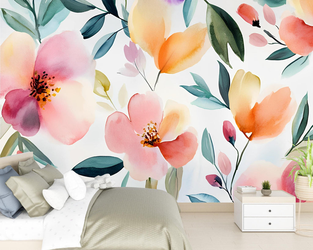 Watercolor Floral Wall Mural – Bright Botanical Wallpaper for Stylish Decor – Gift for Art Lovers – Birthday or Holiday Room Accent