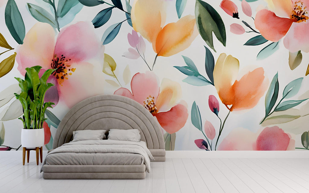 Watercolor Floral Wall Mural – Bright Botanical Wallpaper for Stylish Decor – Gift for Art Lovers – Birthday or Holiday Room Accent