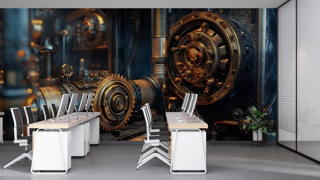 Steampunk Gear Vault Wall Mural – Industrial Lock Mechanism Wallpaper for Office, Studio or Game Room – Peel & Stick or Non-Woven