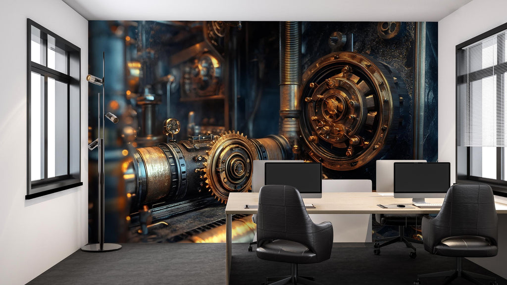 Steampunk Gear Vault Wall Mural – Industrial Lock Mechanism Wallpaper for Office, Studio or Game Room – Peel & Stick or Non-Woven