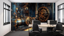 Load image into Gallery viewer, Steampunk Gear Vault Wall Mural – Industrial Lock Mechanism Wallpaper for Office, Studio or Game Room – Peel &amp; Stick or Non-Woven