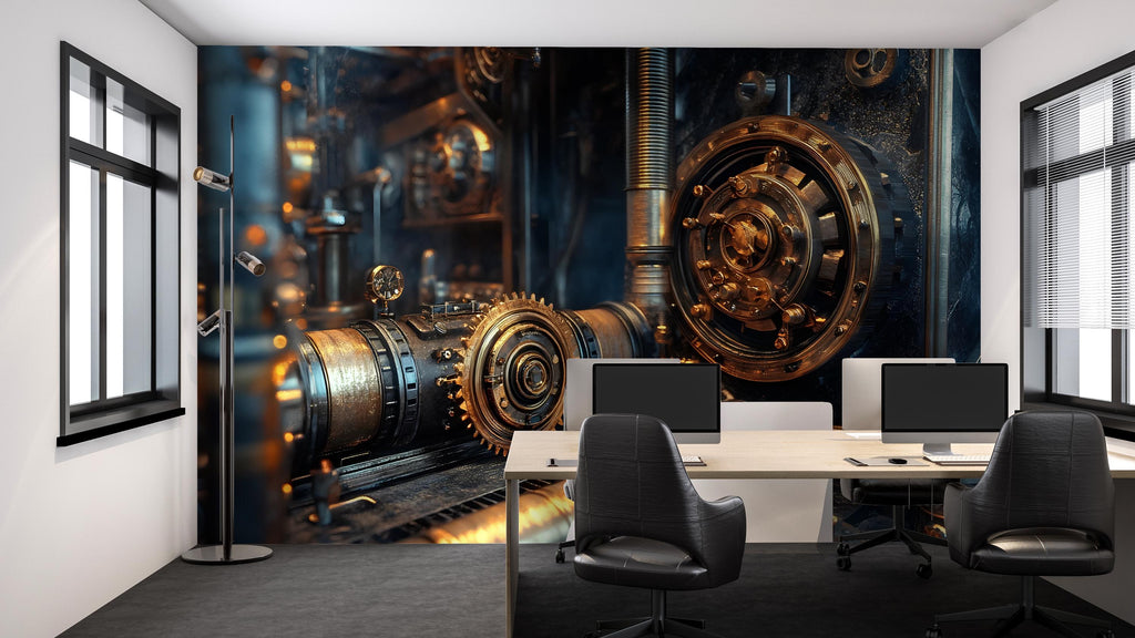 Steampunk Gear Vault Wall Mural – Industrial Lock Mechanism Wallpaper for Office, Studio or Game Room – Peel & Stick or Non-Woven