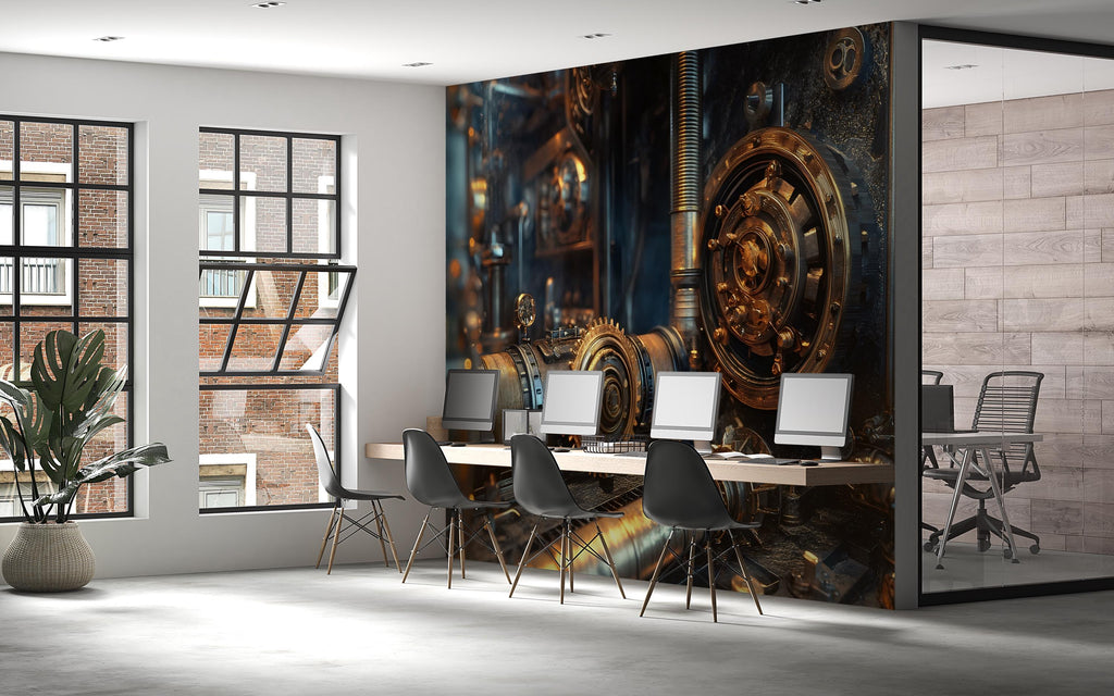 Steampunk Gear Vault Wall Mural – Industrial Lock Mechanism Wallpaper for Office, Studio or Game Room – Peel & Stick or Non-Woven
