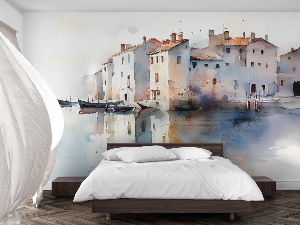 Watercolor Coastal Village Wall Mural – Artistic Waterfront Wallpaper – Gift for Stylish Interiors – Holiday or Birthday Art Decor