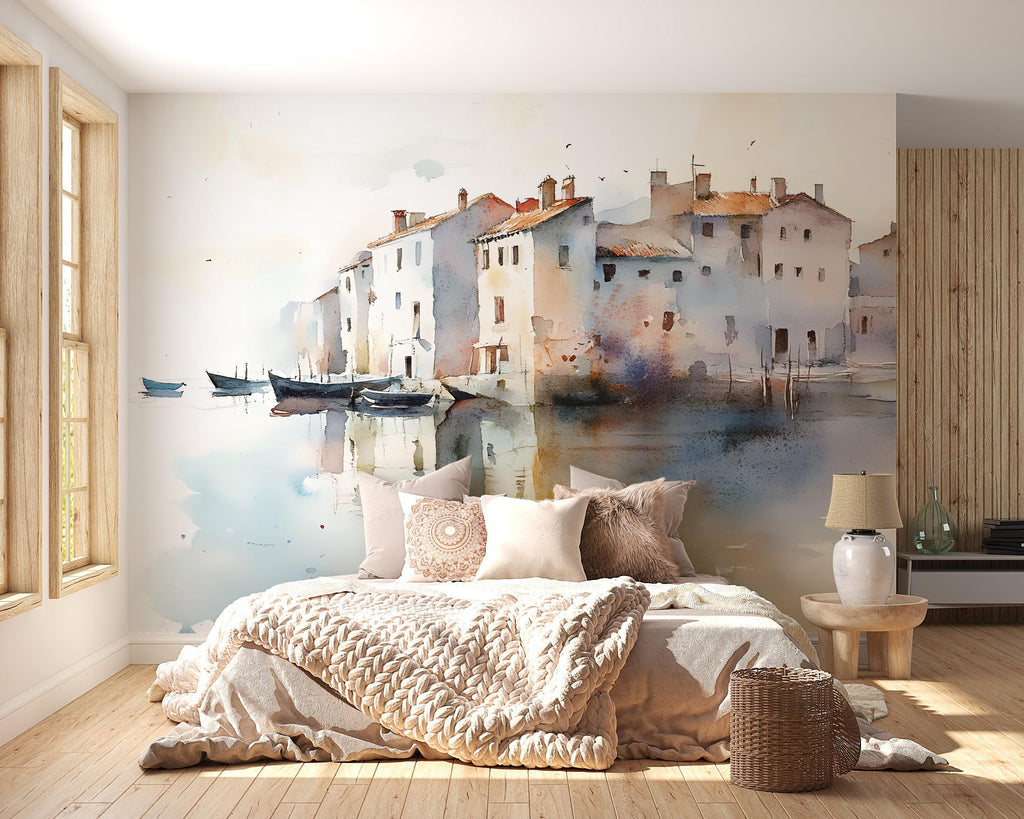 Watercolor Coastal Village Wall Mural – Artistic Waterfront Wallpaper – Gift for Stylish Interiors – Holiday or Birthday Art Decor