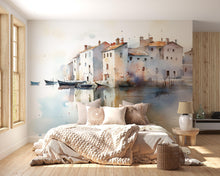 Load image into Gallery viewer, Watercolor Coastal Village Wall Mural – Artistic Waterfront Wallpaper – Gift for Stylish Interiors – Holiday or Birthday Art Decor