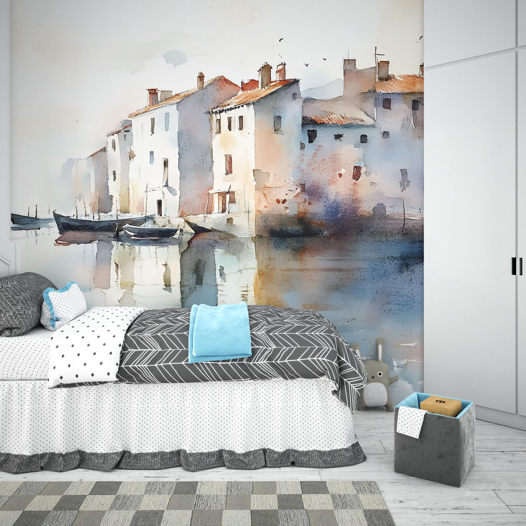 Watercolor Coastal Village Wall Mural – Artistic Waterfront Wallpaper – Gift for Stylish Interiors – Holiday or Birthday Art Decor