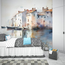 Load image into Gallery viewer, Watercolor Coastal Village Wall Mural – Artistic Waterfront Wallpaper – Gift for Stylish Interiors – Holiday or Birthday Art Decor