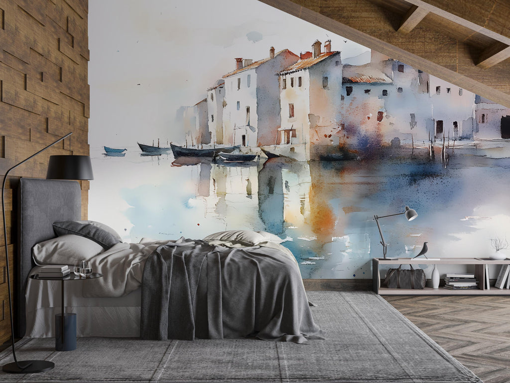 Watercolor Coastal Village Wall Mural – Artistic Waterfront Wallpaper – Gift for Stylish Interiors – Holiday or Birthday Art Decor