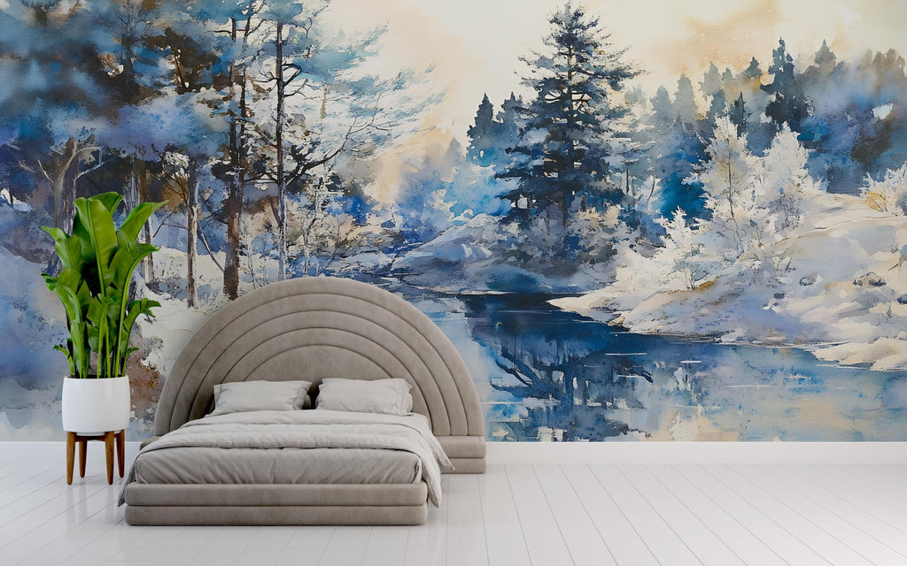 Winter Forest Watercolor Wall Mural – Artistic Nature Landscape Wallpaper – Holiday or Birthday Gift for Stylish Home Decor Lovers