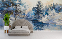 Load image into Gallery viewer, Winter Forest Watercolor Wall Mural – Artistic Nature Landscape Wallpaper – Holiday or Birthday Gift for Stylish Home Decor Lovers