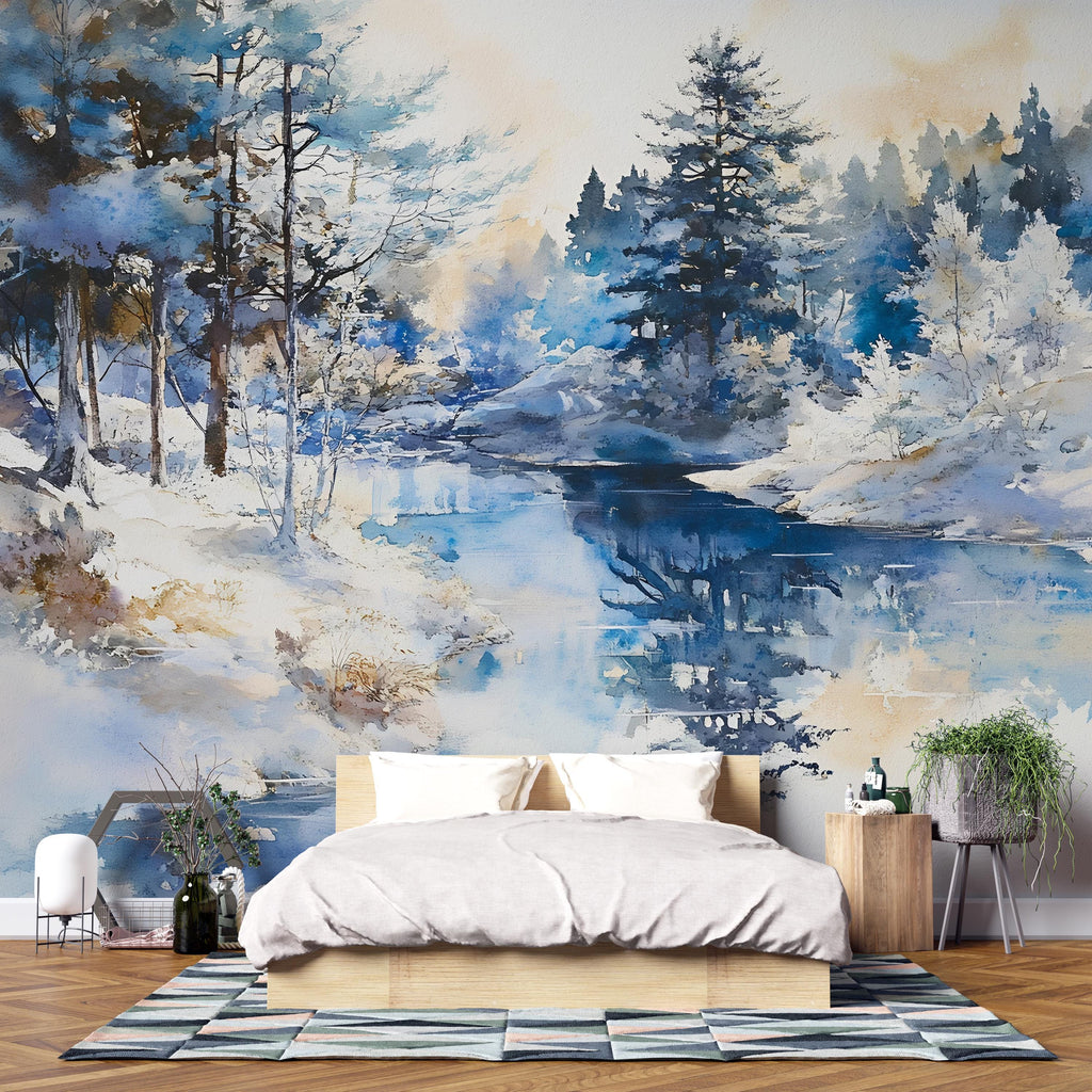 Winter Forest Watercolor Wall Mural – Artistic Nature Landscape Wallpaper – Holiday or Birthday Gift for Stylish Home Decor Lovers