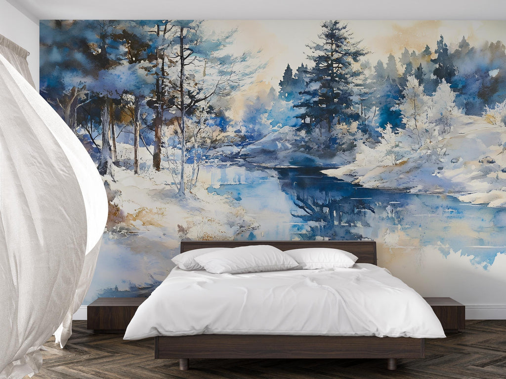 Winter Forest Watercolor Wall Mural – Artistic Nature Landscape Wallpaper – Holiday or Birthday Gift for Stylish Home Decor Lovers