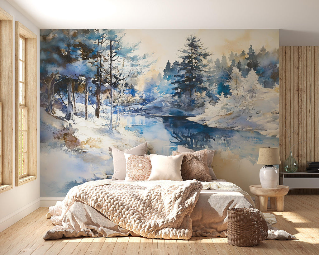 Winter Forest Watercolor Wall Mural – Artistic Nature Landscape Wallpaper – Holiday or Birthday Gift for Stylish Home Decor Lovers