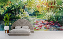 Load image into Gallery viewer, Watercolor Pond Wall Mural – Lily Pad Garden Landscape Wallpaper – Artistic Nature Decor Gift for Birthday or Holiday Home Makeovers