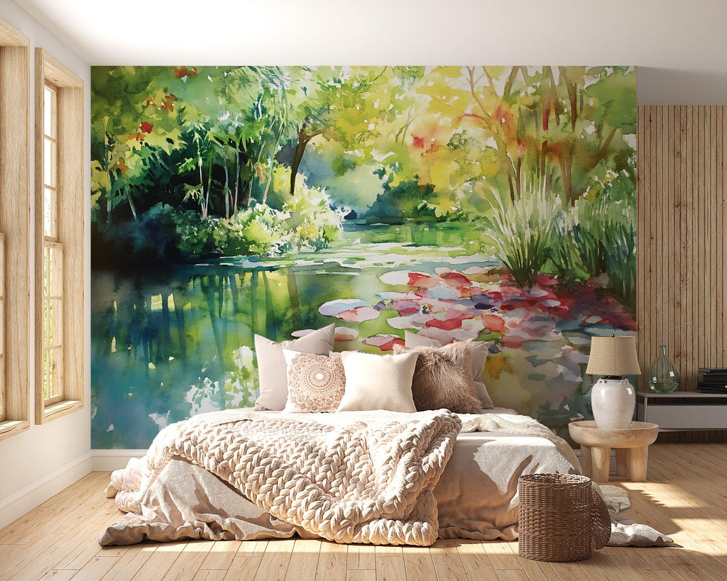 Watercolor Pond Wall Mural – Lily Pad Garden Landscape Wallpaper – Artistic Nature Decor Gift for Birthday or Holiday Home Makeovers