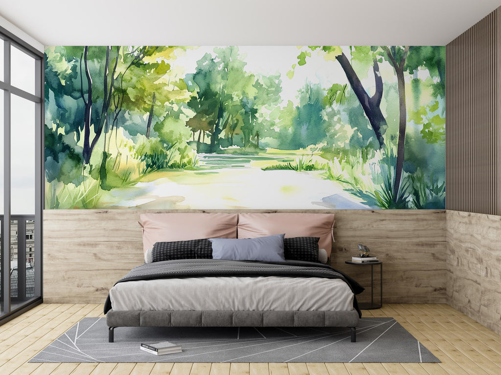 Watercolor Forest Path Wall Mural – Green Nature Landscape Wallpaper – Artistic Home Decor Gift for Birthday or Holiday Interior Style
