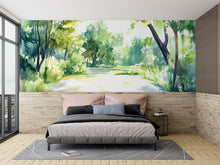 Load image into Gallery viewer, Watercolor Forest Path Wall Mural – Green Nature Landscape Wallpaper – Artistic Home Decor Gift for Birthday or Holiday Interior Style