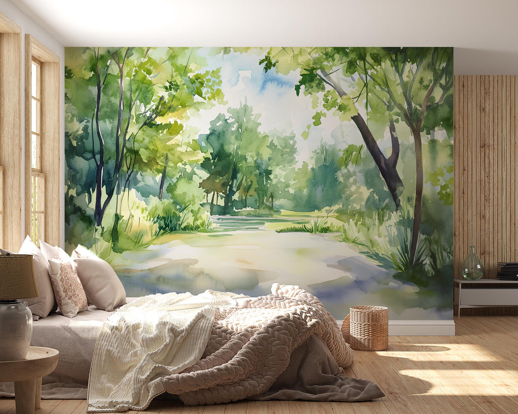 Watercolor Forest Path Wall Mural – Green Nature Landscape Wallpaper – Artistic Home Decor Gift for Birthday or Holiday Interior Style