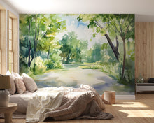 Load image into Gallery viewer, Watercolor Forest Path Wall Mural – Green Nature Landscape Wallpaper – Artistic Home Decor Gift for Birthday or Holiday Interior Style