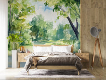 Load image into Gallery viewer, Watercolor Forest Path Wall Mural – Green Nature Landscape Wallpaper – Artistic Home Decor Gift for Birthday or Holiday Interior Style