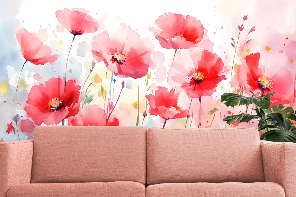 Watercolor Red Floral Wall Mural – Bold Artistic Flower Wallpaper – Birthday or Holiday Gift for Stylish Nature-Inspired Home Decor