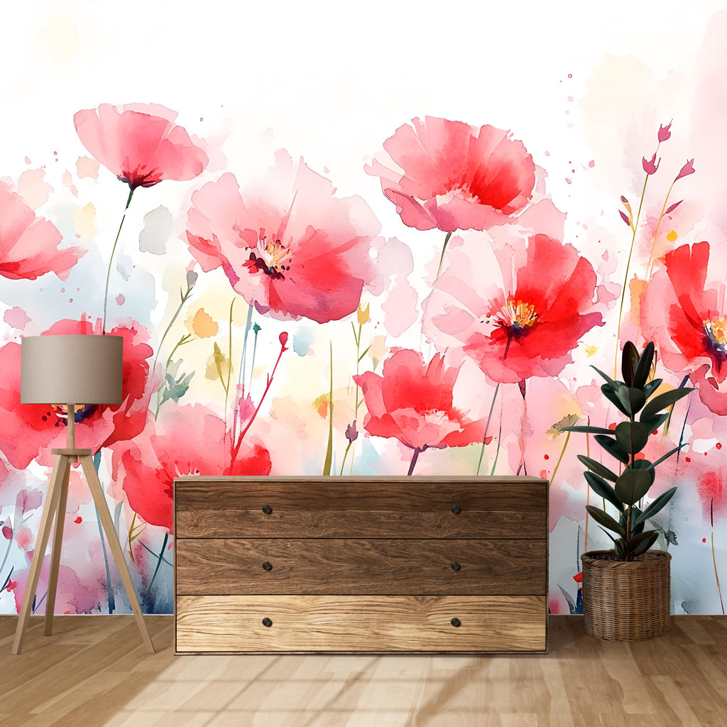 Watercolor Red Floral Wall Mural – Bold Artistic Flower Wallpaper – Birthday or Holiday Gift for Stylish Nature-Inspired Home Decor