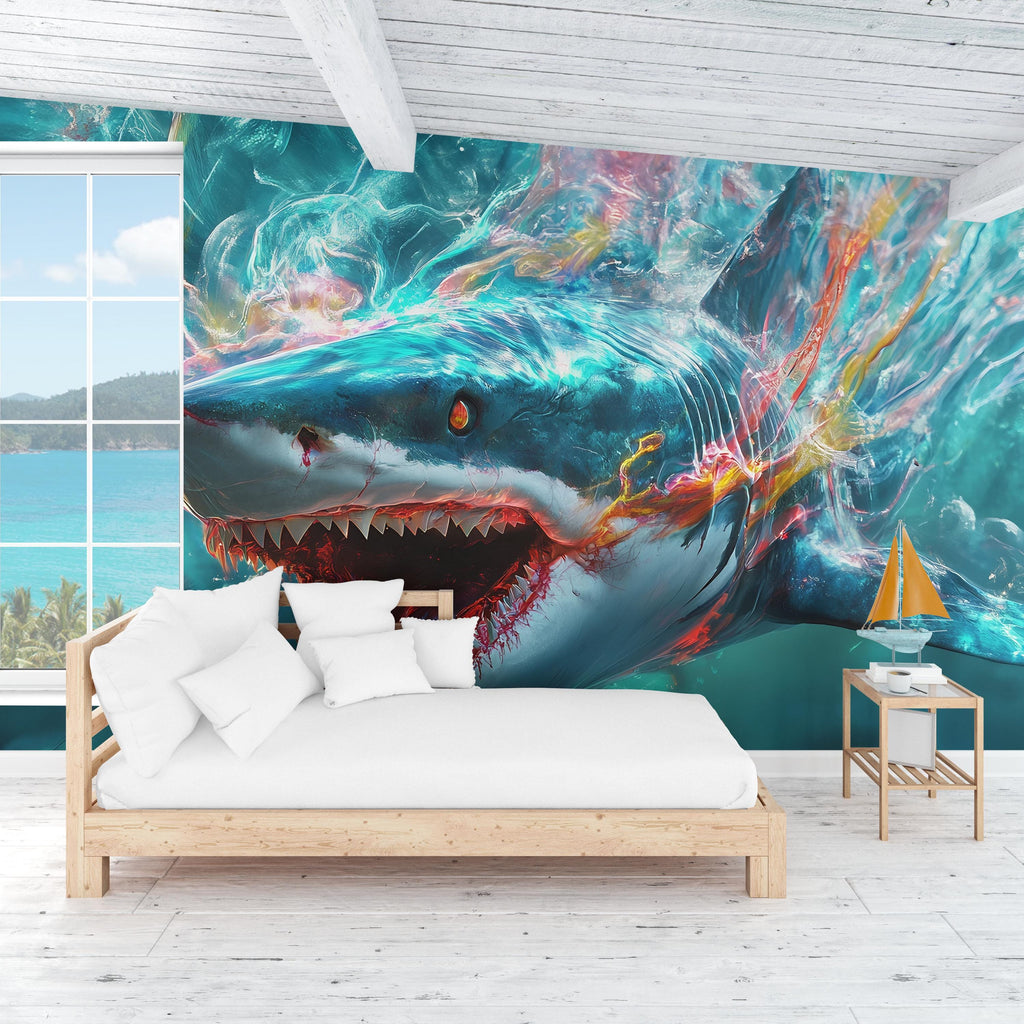 3D Shark Wall Mural for Kids Room – Ocean Sea Life Wallpaper – Peel and Stick Large Shark Decor – Underwater Boys Bedroom Art