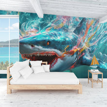 Load image into Gallery viewer, 3D Shark Wall Mural for Kids Room – Ocean Sea Life Wallpaper – Peel and Stick Large Shark Decor – Underwater Boys Bedroom Art