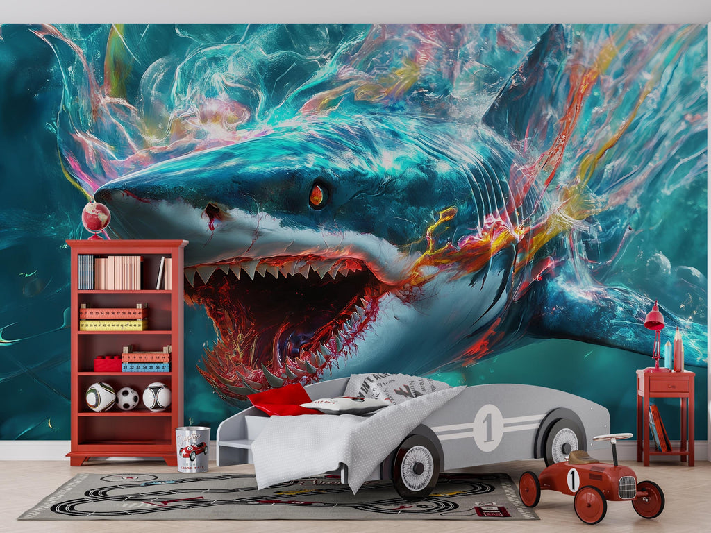 3D Shark Wall Mural for Kids Room – Ocean Sea Life Wallpaper – Peel and Stick Large Shark Decor – Underwater Boys Bedroom Art