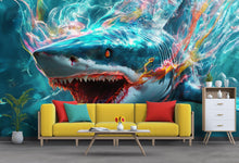 Load image into Gallery viewer, 3D Shark Wall Mural for Kids Room – Ocean Sea Life Wallpaper – Peel and Stick Large Shark Decor – Underwater Boys Bedroom Art