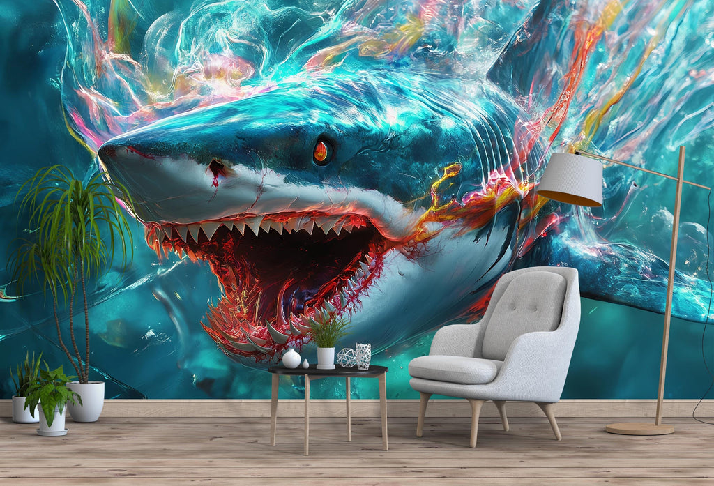 3D Shark Wall Mural for Kids Room – Ocean Sea Life Wallpaper – Peel and Stick Large Shark Decor – Underwater Boys Bedroom Art