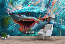 Load image into Gallery viewer, 3D Shark Wall Mural for Kids Room – Ocean Sea Life Wallpaper – Peel and Stick Large Shark Decor – Underwater Boys Bedroom Art