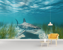 Load image into Gallery viewer, Realistic Shark Wall Mural – 3D Ocean Wallpaper for Kids Room or Man Cave – Peel and Stick Great White Shark Decor – Underwater Theme