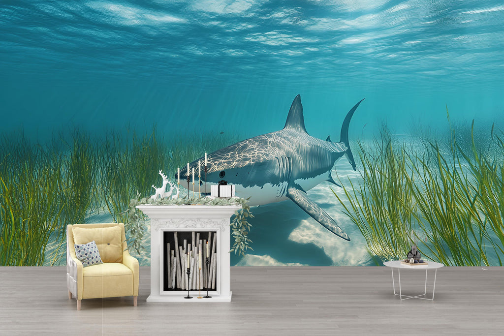 Realistic Shark Wall Mural – 3D Ocean Wallpaper for Kids Room or Man Cave – Peel and Stick Great White Shark Decor – Underwater Theme