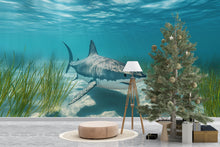 Load image into Gallery viewer, Realistic Shark Wall Mural – 3D Ocean Wallpaper for Kids Room or Man Cave – Peel and Stick Great White Shark Decor – Underwater Theme