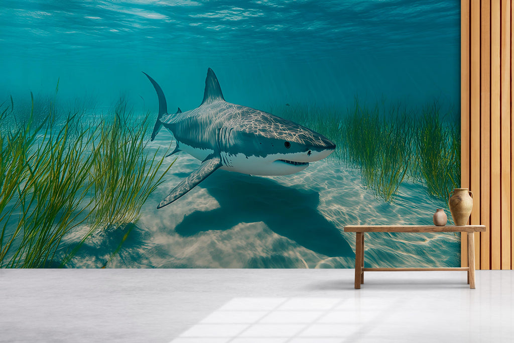 Realistic Shark Wall Mural – 3D Ocean Wallpaper for Kids Room or Man Cave – Peel and Stick Great White Shark Decor – Underwater Theme