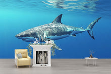 Load image into Gallery viewer, Shark Wall Mural – Blue Ocean Peel and Stick Wallpaper – Boys Room Decor – 3D Shark Art for Beach House or Man Cave – Sea Life Mural