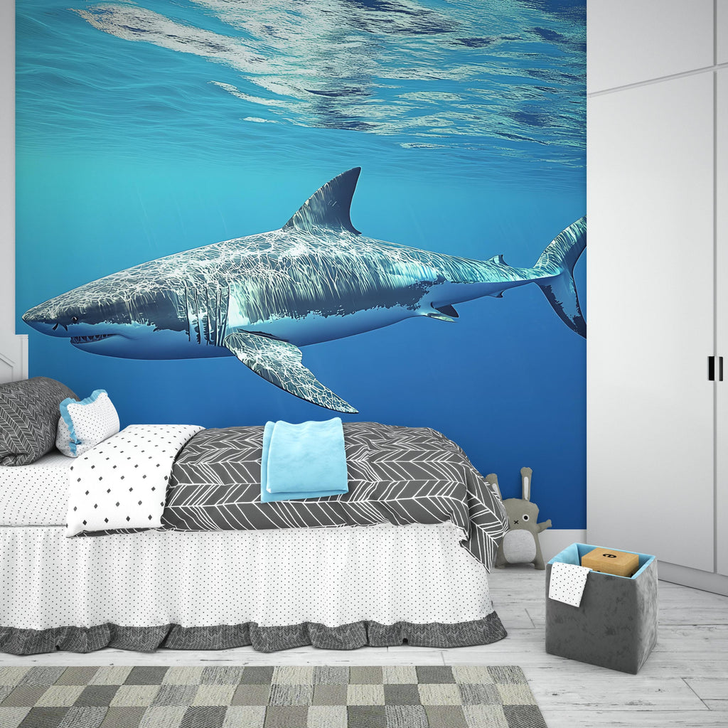 Shark Wall Mural – Blue Ocean Peel and Stick Wallpaper – Boys Room Decor – 3D Shark Art for Beach House or Man Cave – Sea Life Mural