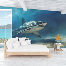 Load image into Gallery viewer, Shark Wall Mural – Underwater Ocean Wallpaper for Bedroom or Beach House – Peel and Stick Realistic Shark Decor – 3D Sea Life Mural