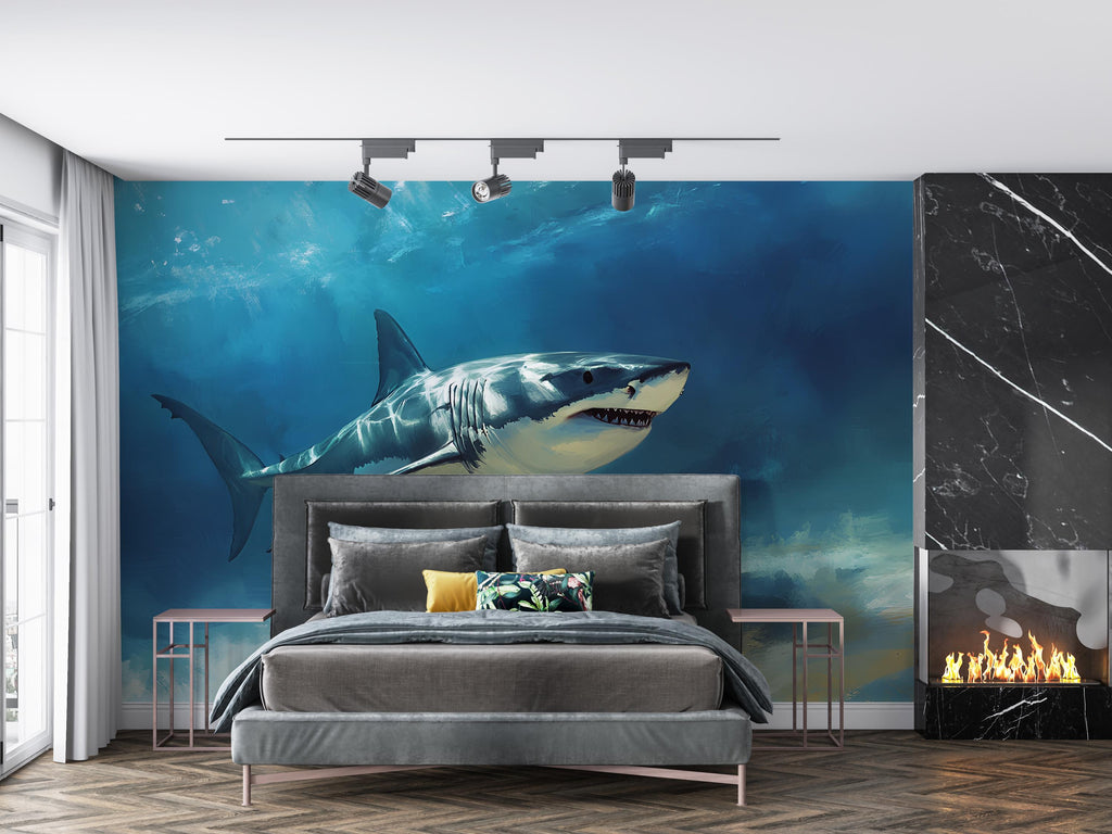 Shark Wall Mural – Underwater Ocean Wallpaper for Bedroom or Beach House – Peel and Stick Realistic Shark Decor – 3D Sea Life Mural