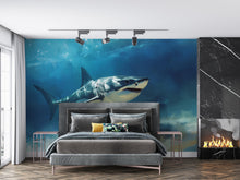 Load image into Gallery viewer, Shark Wall Mural – Underwater Ocean Wallpaper for Bedroom or Beach House – Peel and Stick Realistic Shark Decor – 3D Sea Life Mural