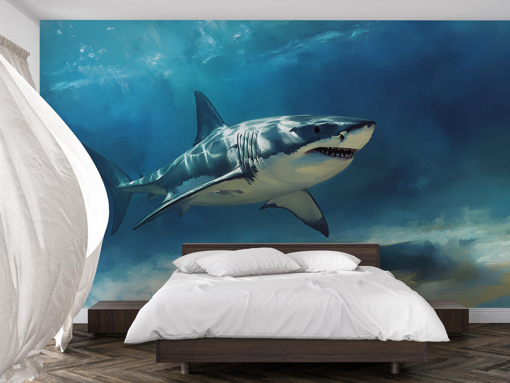 Shark Wall Mural – Underwater Ocean Wallpaper for Bedroom or Beach House – Peel and Stick Realistic Shark Decor – 3D Sea Life Mural