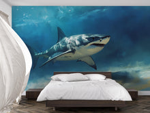 Load image into Gallery viewer, Shark Wall Mural – Underwater Ocean Wallpaper for Bedroom or Beach House – Peel and Stick Realistic Shark Decor – 3D Sea Life Mural