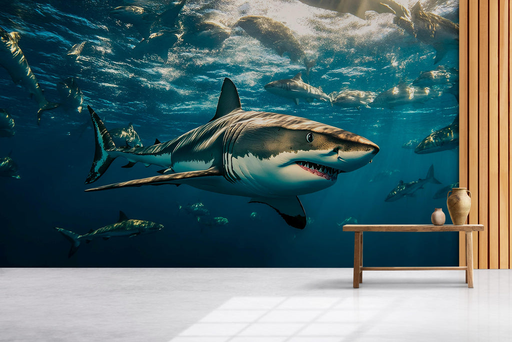 Shark Wall Mural – 3D Realistic Ocean Scene Wallpaper – Great White Shark Decor for Office, Living Room, or Man Cave – Peel and Stick