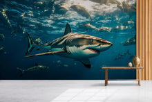 Load image into Gallery viewer, Shark Wall Mural – 3D Realistic Ocean Scene Wallpaper – Great White Shark Decor for Office, Living Room, or Man Cave – Peel and Stick