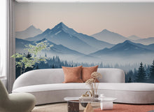 Load image into Gallery viewer, Mountain Wallpaper Peel and Stick Mountain Watercolor Wallpaper Mountain Wall Art Pine Tree Nature Wallpaper Blue Mountain Mural 735RS